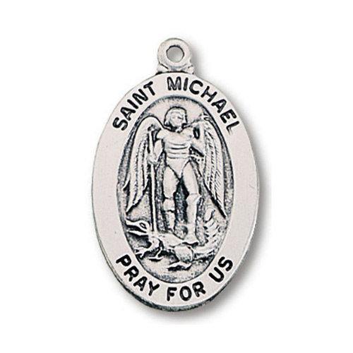 Sterling Silver 7/8in Oval Saint Michael Medal 18in Necklace