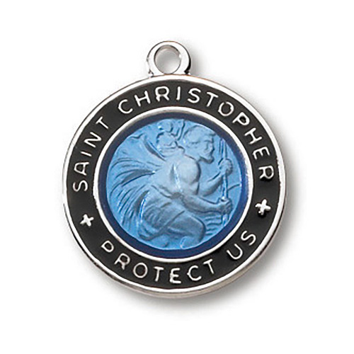 Sterling Silver 3/4in Blue Black St. Christopher Medal on 18in Chain