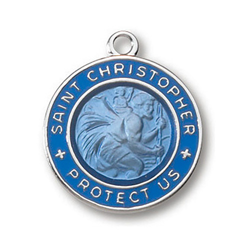 Sterling Silver 3/4in Blue St. Christopher Medal on 18in Steel Chain