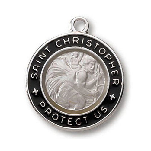 Sterling Silver Black Enamel St. Christopher Necklace 18in