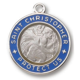 Sterling Silver 3/4in Blue Enamel St. Christopher Medal on 18in Chain