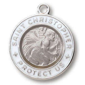 Sterling Silver 3/4in White Enamel St. Christopher Medal on 18in Chain