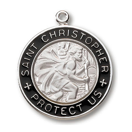 Sterling Silver 1in Black Enamel St. Christopher Medal 24in Necklace