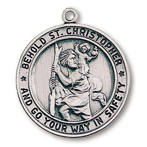 Sterling Silver 1in Behold St. Christopher Medal and 24in Steel Chain