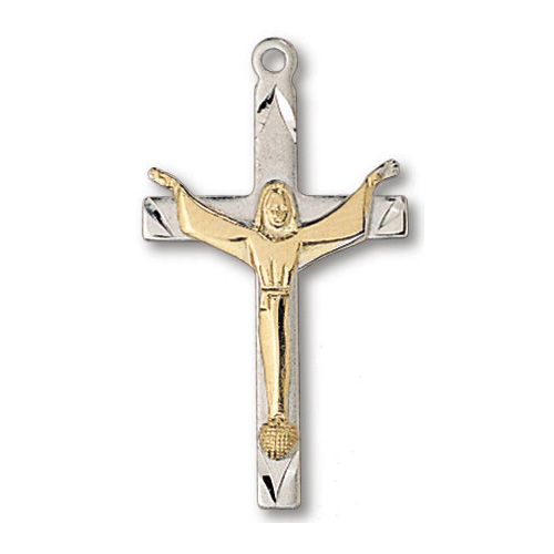 Sterling Silver 1 1/4in Christ Risen Cross on 24in Steel Chain