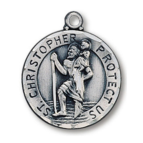 Sterling Silver 13/16in Round Saint Christopher Medal with 24in Chain