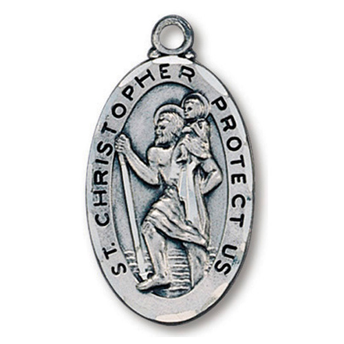 Sterling Silver 1in Oval Saint Christopher Medal with 24in Steel Chain