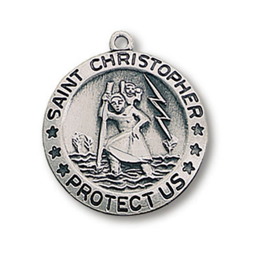 Sterling Silver 13/16in Round Saint Christopher Medal on 24in Chain