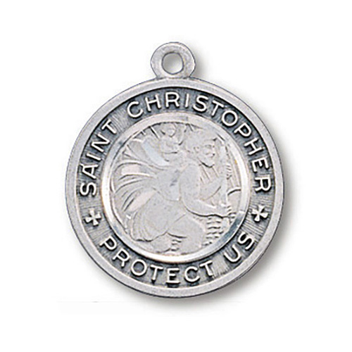 Sterling Silver 3/4in St. Christopher Protect Us Medal on 18in Chain