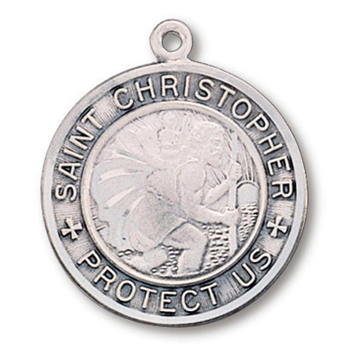 Sterling Silver 1in St. Christopher Protect Us Medal 24 Inch Necklace