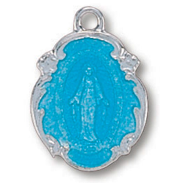 Sterling Silver 11/16in Blue Miraculous Medal 18in Necklace