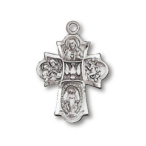 Sterling Silver 7/8in Four Way Cross 18in Necklace