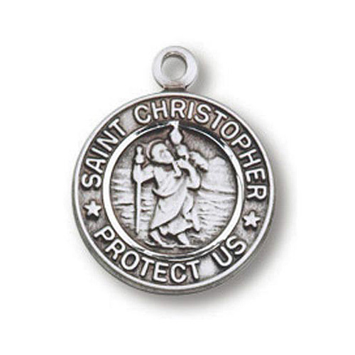 Sterling Silver 1/2in St. Christopher Protect Us Medal on 16in Chain