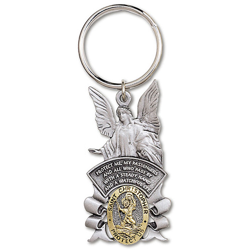 Pewter Saint Christopher with Angel Key Ring Two Pack