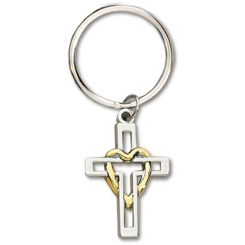 Silver Plated Cross with Heart Key Ring Two Pack