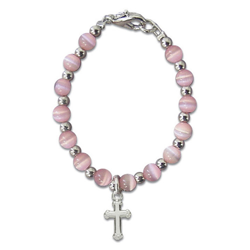 Baby Girl's First Bracelet Pink Beads with Cross