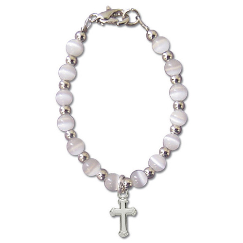 Baby's First Bracelet White Beads with Cross