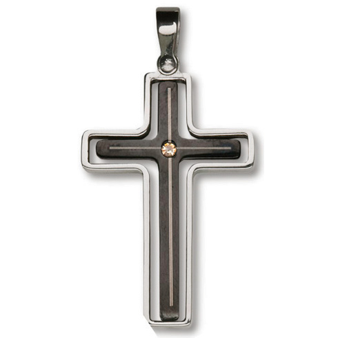 Stainless Steel 1 1/2in CZ Spinner Cross 18in Necklace