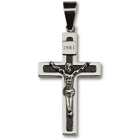 Stainless Steel 1 1/2in Carbon Fiber Crucifix 24in Necklace