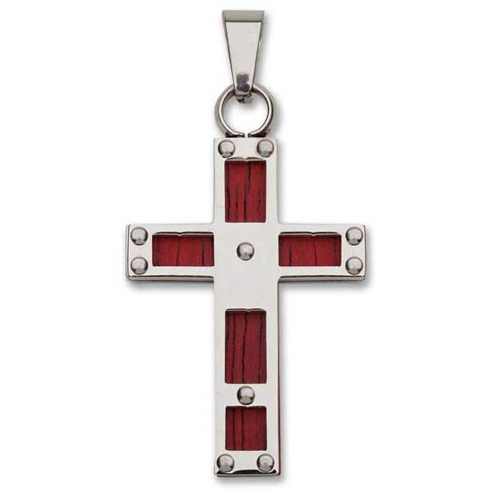 Stainless Steel 1 1/2in Wood Inlay Cross 24in Necklace