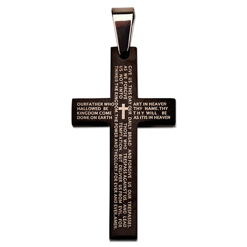 Stainless Steel 1 3/4in Lord's Prayer Black Cross 24in Necklace