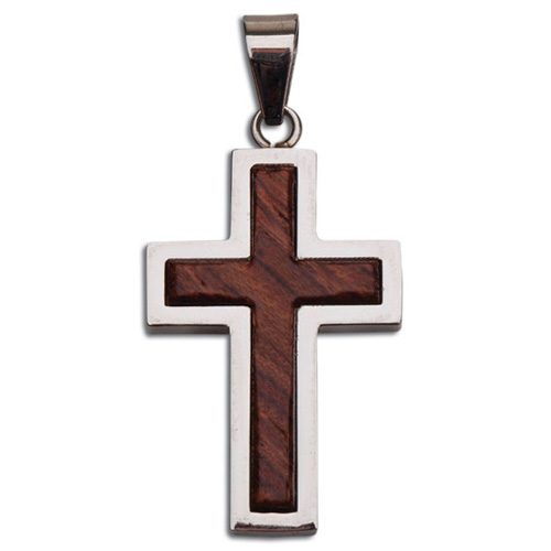 Stainless Steel 1 3/8in Raised Wood Cross 24in Necklace