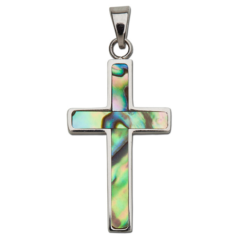 Stainless Steel 1in Abalone Cross 18in Necklace