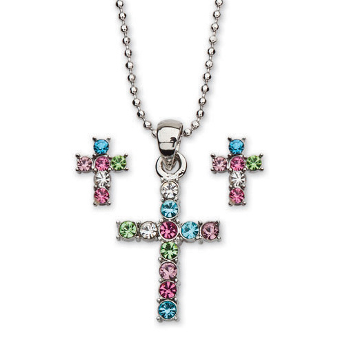 Rhodium-plated Brass Multi-colored Cubic Zirconia Cross Necklace and Earring Set