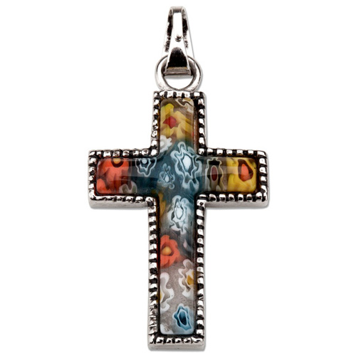 Stainless Steel 1in Murano Glass Cross 18in Necklace