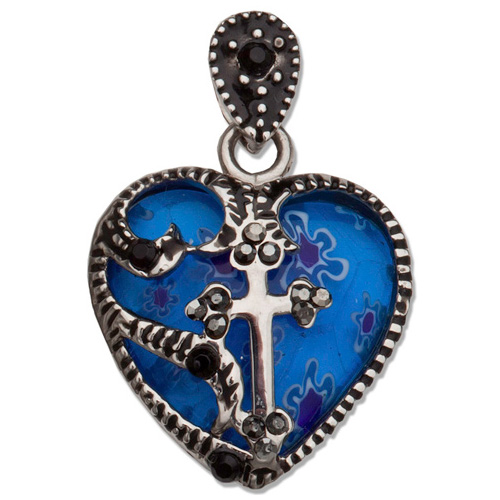 Stainless Steel 3/4in Murano Heart Cross 18in Necklace