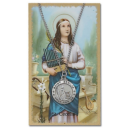 Pewter Saint Cecilia Medal on 18in Chain with Holy Card