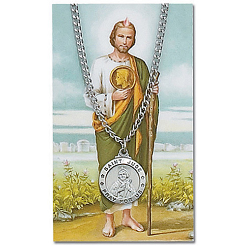 24in Saint Jude Pewter Medal Necklace on Holy Card