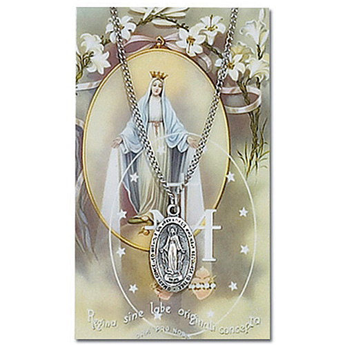 Pewter Miraculous Medal 18in Necklace on Holy Card