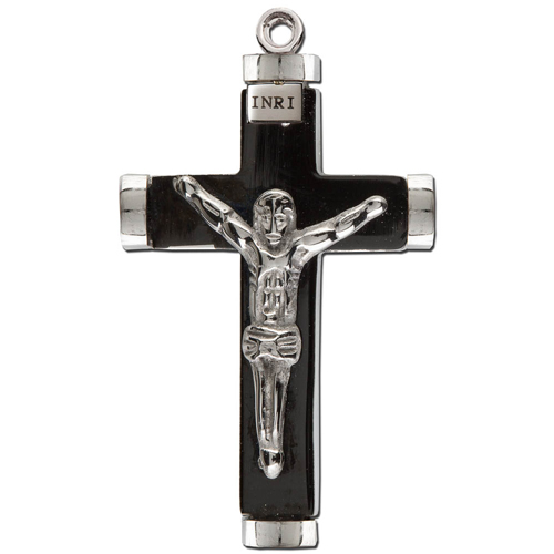 Black and Sterling Silver Modern Sleek Crucifix INRI Pendant