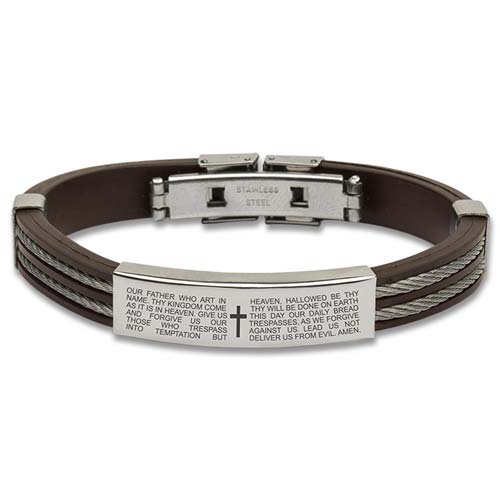 The Lord's Prayer Men's Stainless Steel Brown Silicone Bracelet
