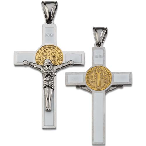 Stainless Steel White Enamel St. Benedict Crucifix Necklace 24in