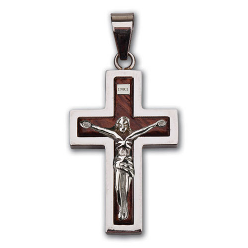Stainless Steel Raised Wood Crucifix Necklace with 24in Chain