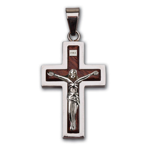 Stainless Steel Raised Wood Crucifix Necklace with 24in Chain