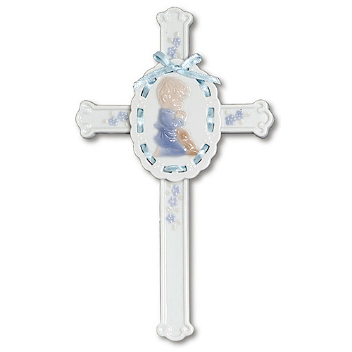 8in Praying Boy Ceramic Blue Ribbon Wall Cross