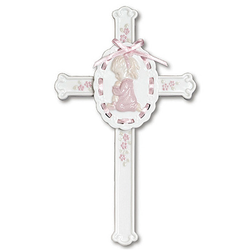 8in Praying Girl Ceramic Pink Ribbon Wall Cross