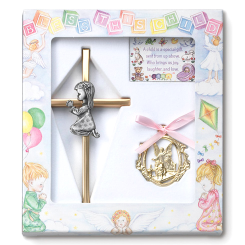 Girl's Guardian Angel Ornament and 6in Praying Cross Set