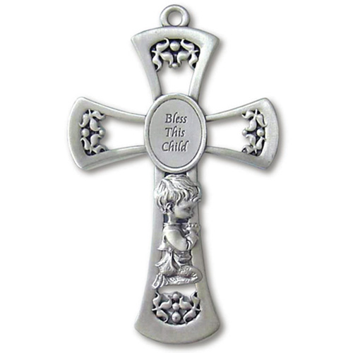 Pewter 5 1/2in Bless This Child Boy's Wall Cross