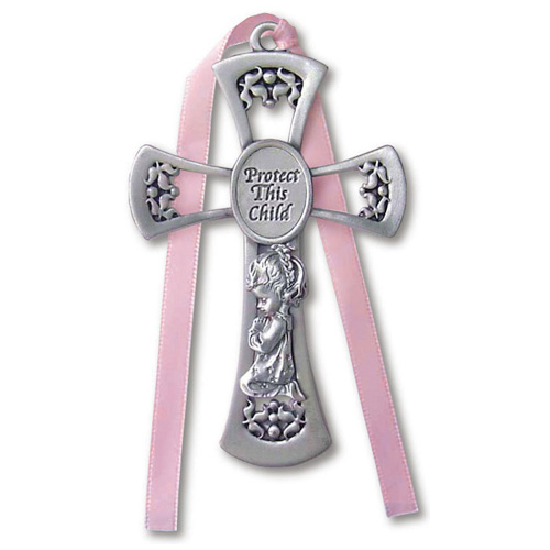 Girl's Protect This Child Pewter Cross