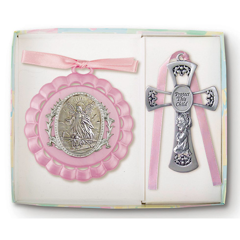 Girl's Guardian Angel Ornament and Pewter Cross Set