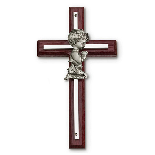 7in Cherry Stained Wood Wall Cross with Boy Praying
