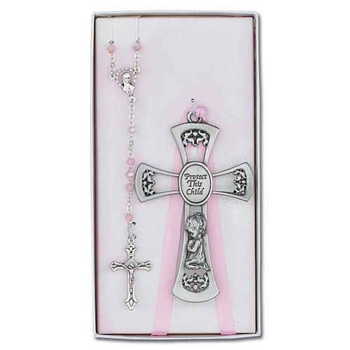 Girl's 3 1/2in Pewter Cross and Rosary Set
