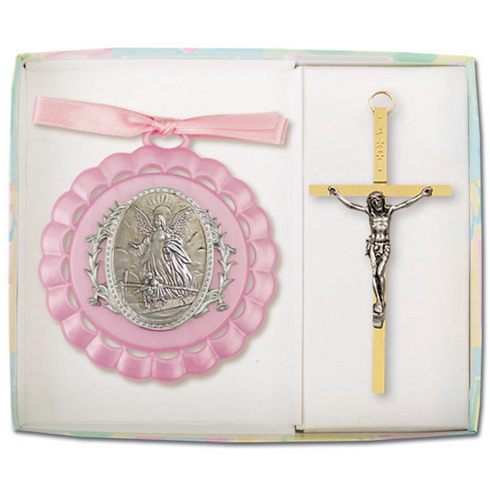 Girl's Guardian Angel Ornament and 4in Crucifix Set