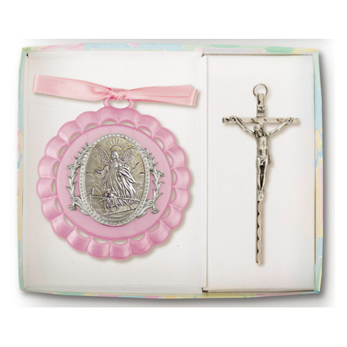 Girl's Guardian Angel Ornament and 4in Silver Crucifix Set