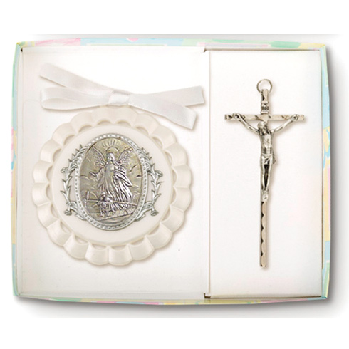 Babies Guardian Angel Ornament and 4in Silver Crucifix Set