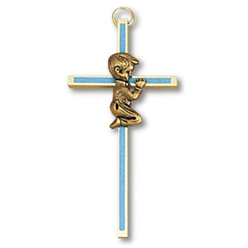 4in Gold Plated Praying Boy Blue Wall Cross